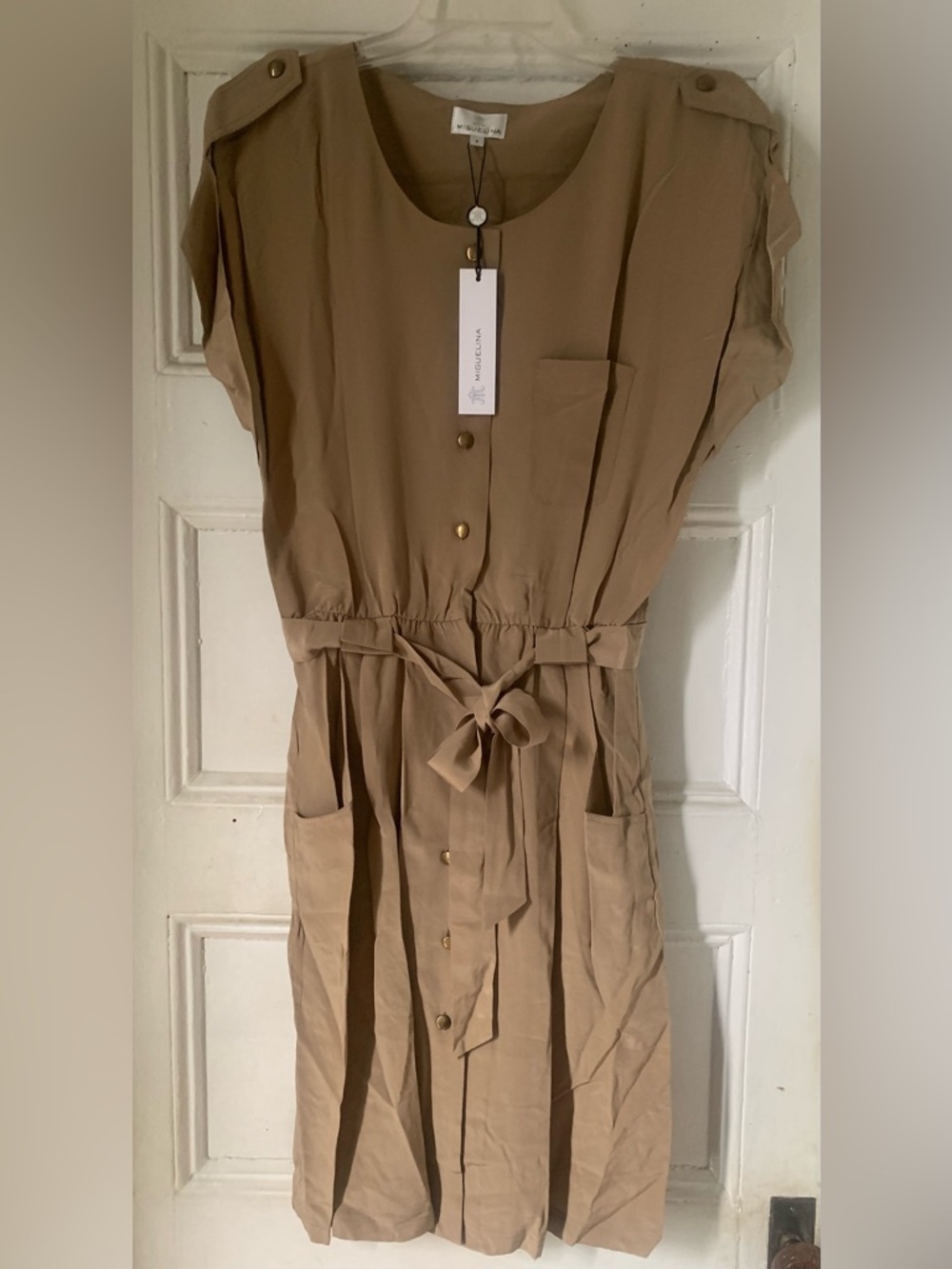 Miguelina Khaki Silk Chiffon Shirt Dress with Tie Waist